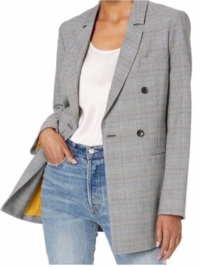 BCBGMaxAzria Gray Plaid Double-Breasted Blazer with Yellow Lining